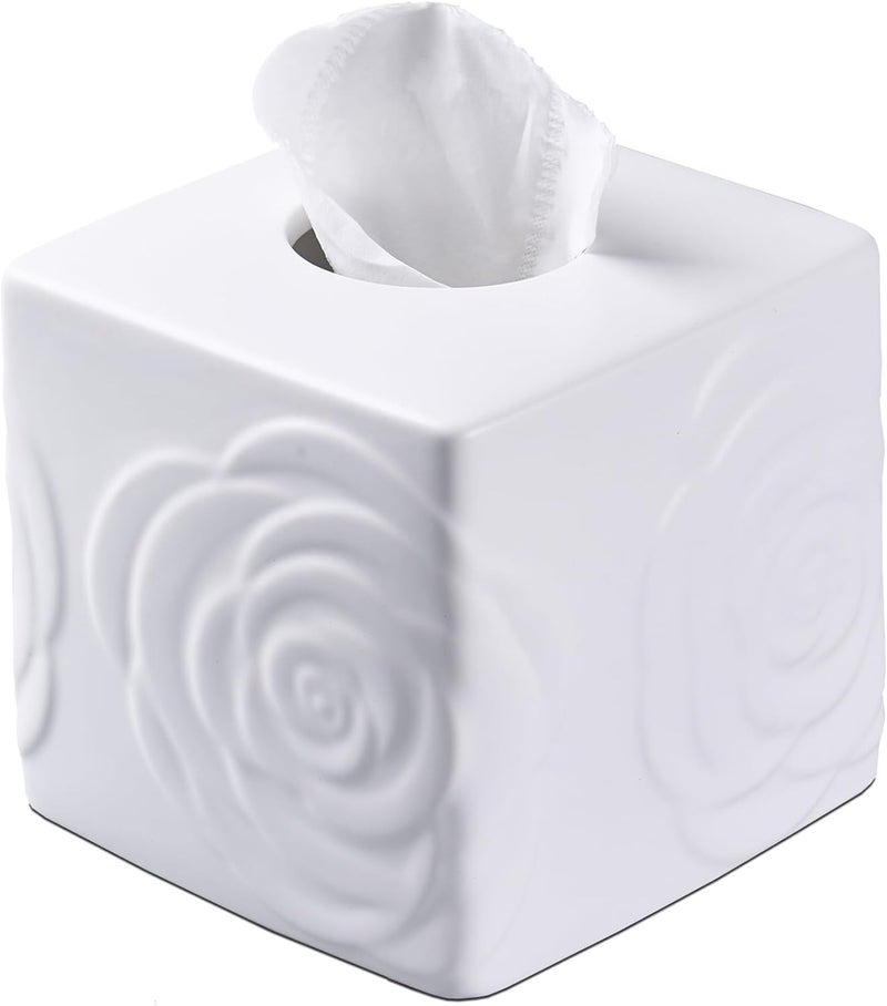EtooCafe White Ceramic Rose Tissue Box Cover, Carved Flowers Large Square Tissue Box Holder Decorative for Bathroom, Vanity, Kitchen Countertop, Bedroom Night Stands, Office Desk Top - Image 1